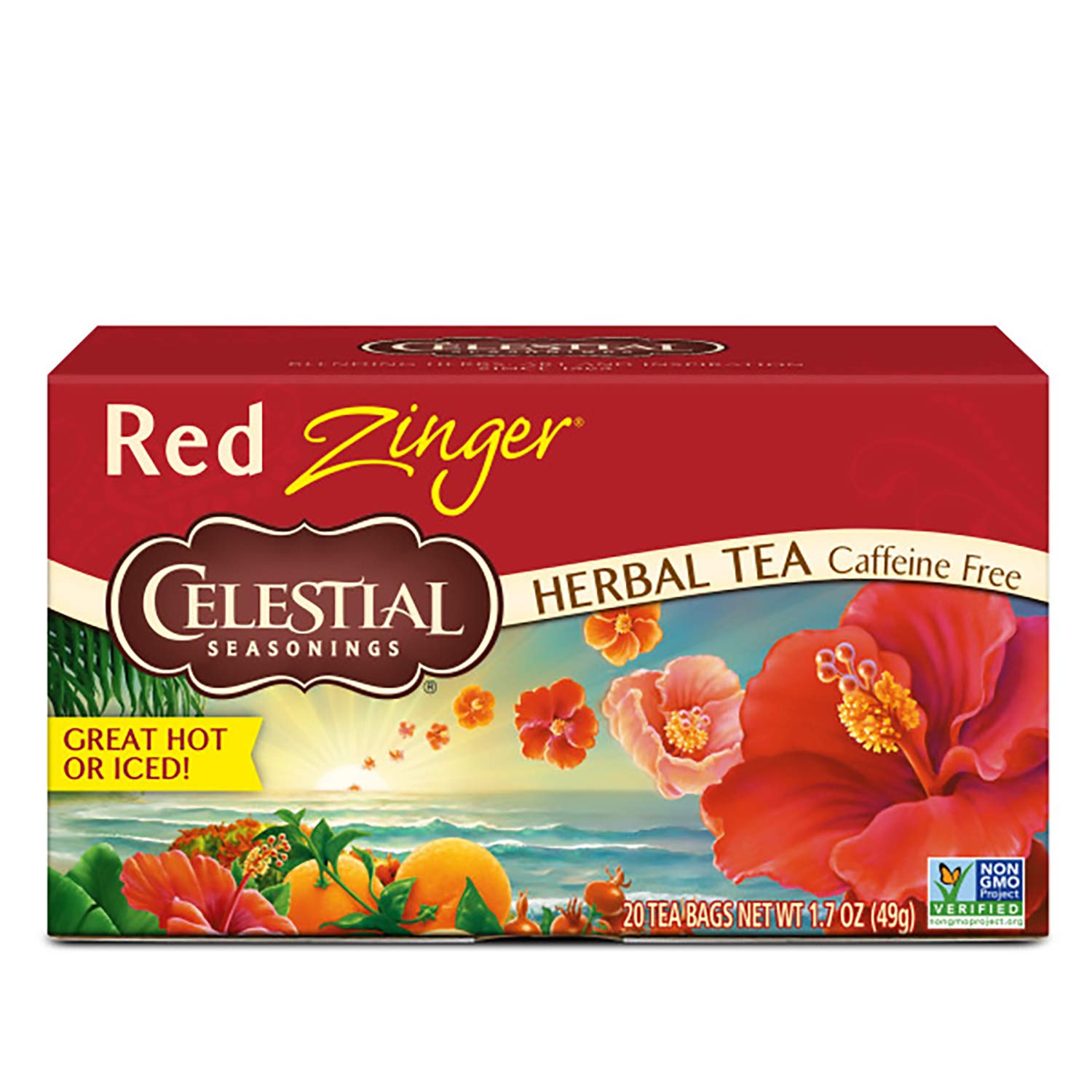 Celestial Seasonings Red Zinger tea bags in a pack, naturally caffeine-free.
