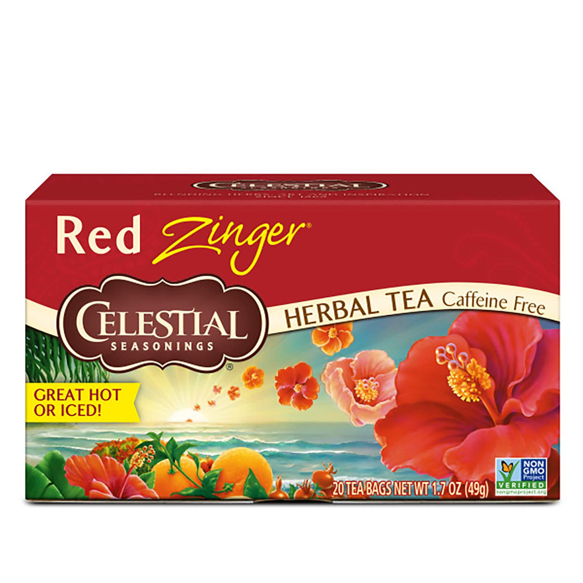 Celestial Seasonings Red Zinger tea bags in a pack, naturally caffeine-free.