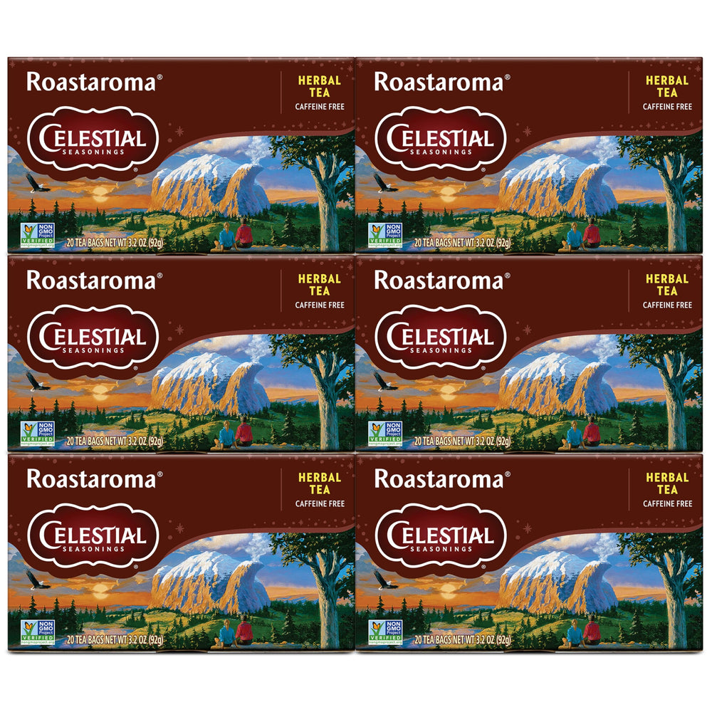Celestial Seasonings Roastaroma box collection on shelf, caffeine-free coffee alternative.