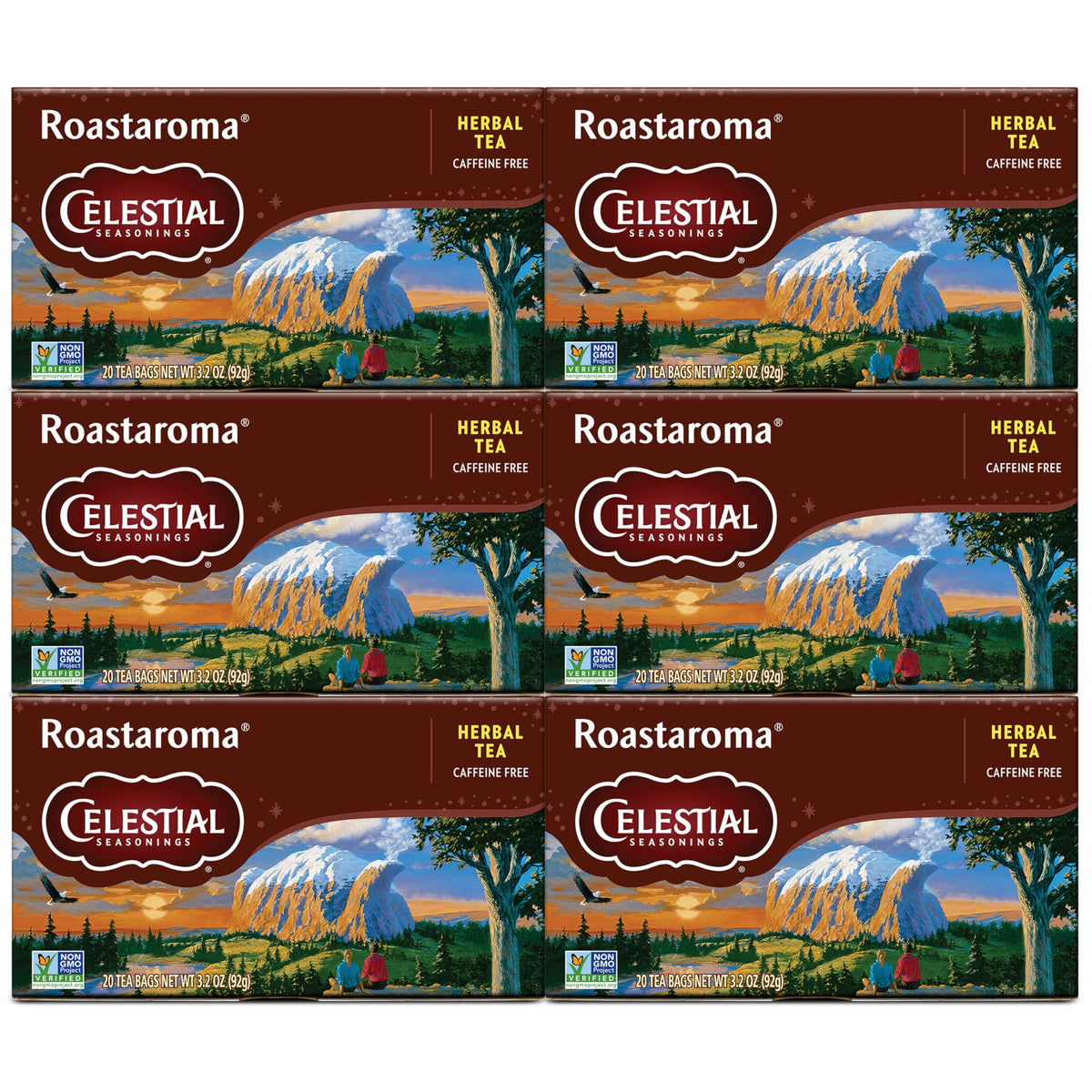 Celestial Seasonings Roastaroma box collection on shelf, caffeine-free coffee alternative.