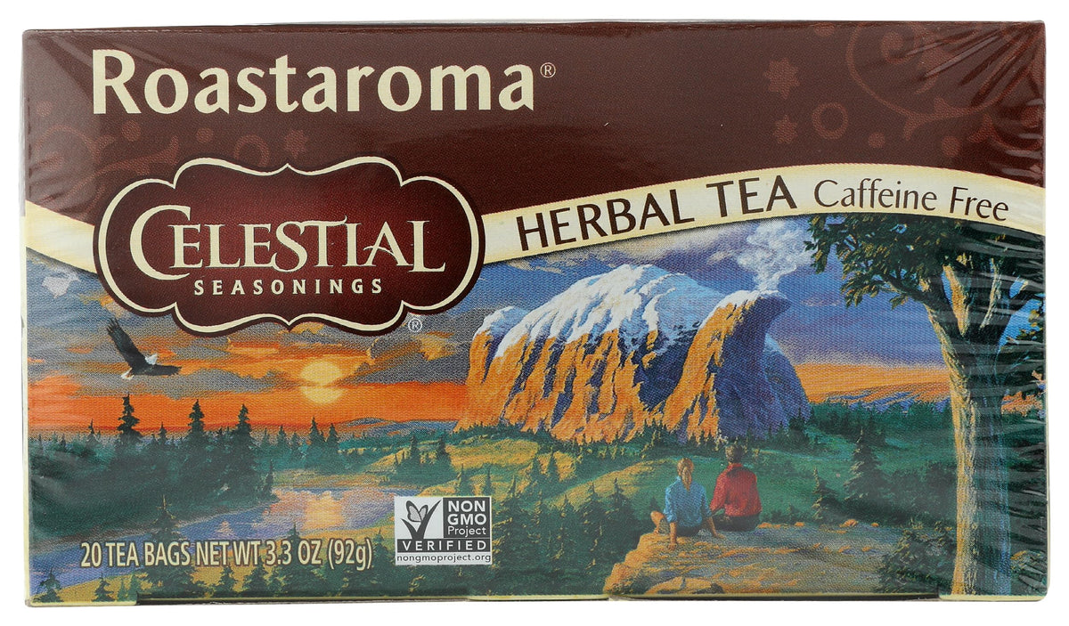 Celestial Seasonings Roastaroma tea bag in a cup showing cozy aroma and flavor