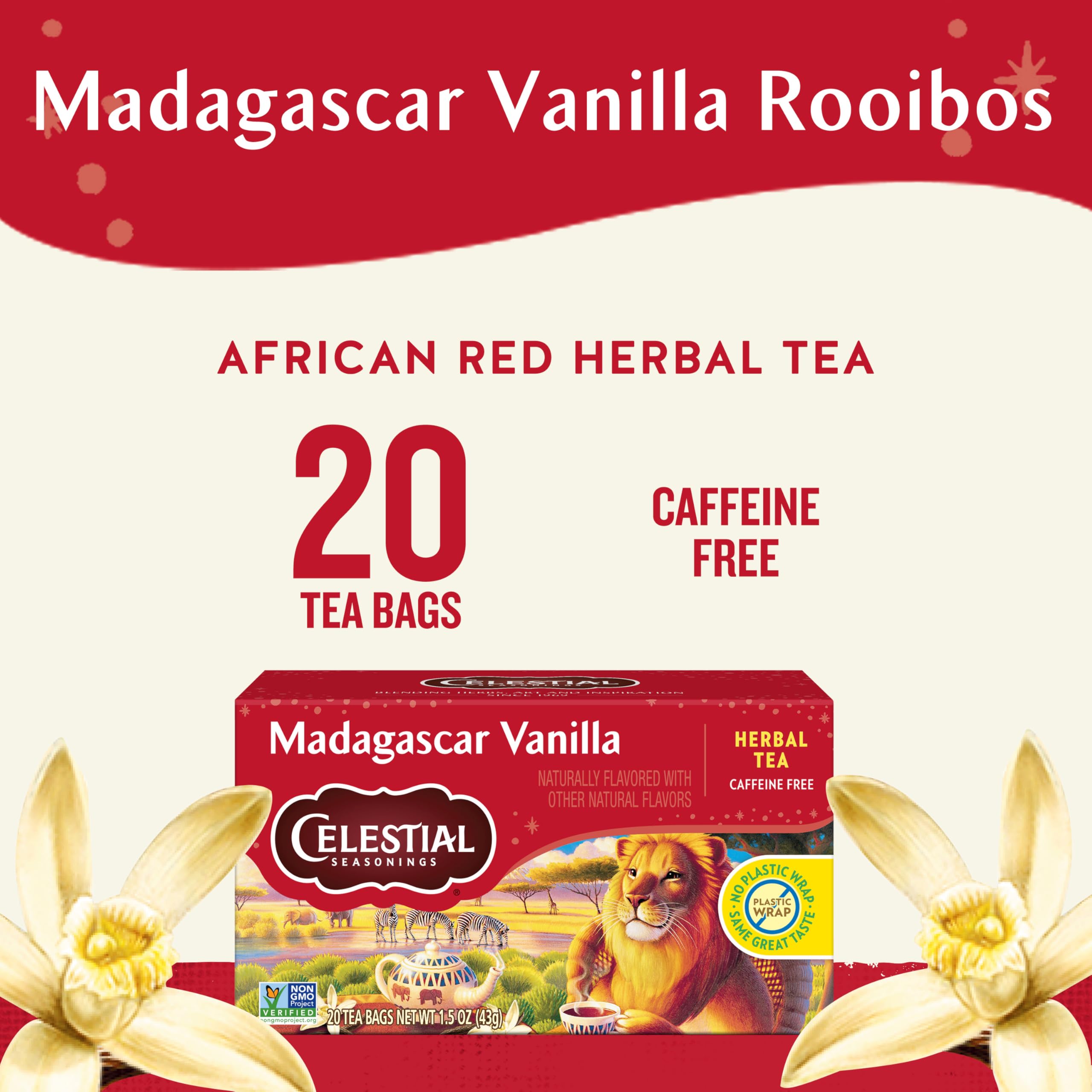 Celestial Seasonings Rooibos Madagascar Vanilla cup delivers comforting aroma and evening calm.