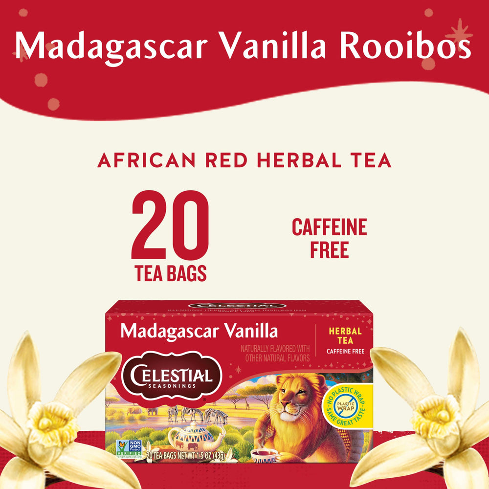 Celestial Seasonings Rooibos Madagascar Vanilla cup delivers comforting aroma and evening calm.