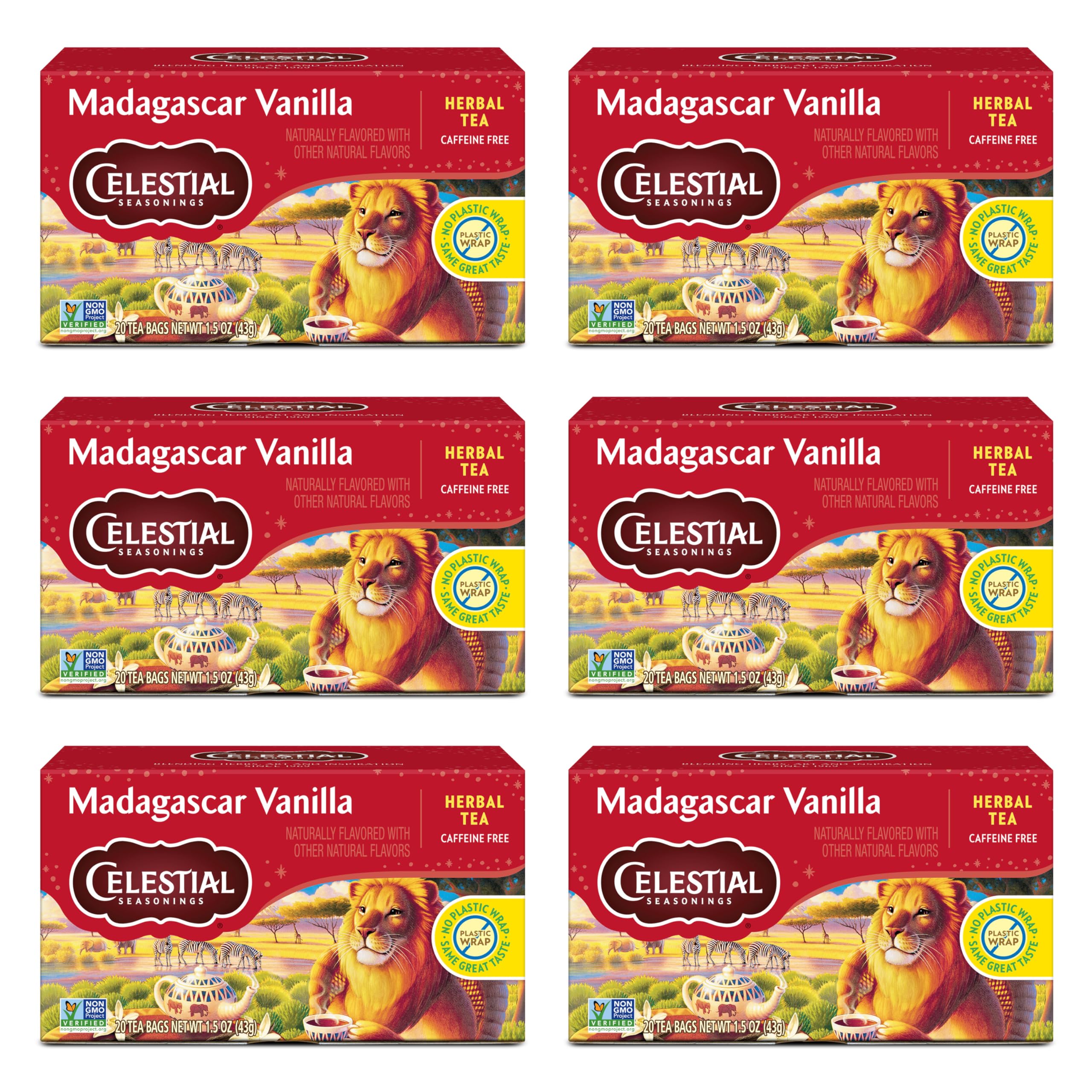 Celestial Seasonings Rooibos Madagascar Vanilla tea bags for a soothing, caffeine-free ritual.