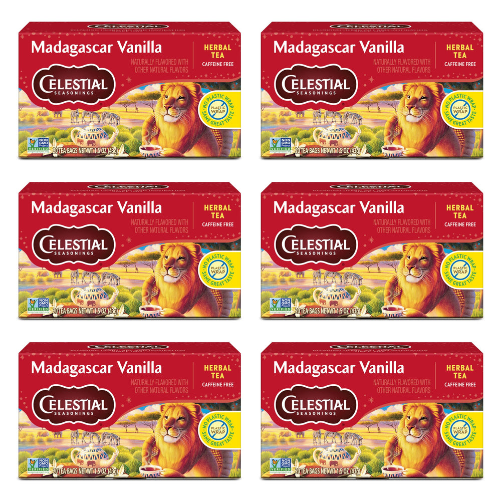 Celestial Seasonings Rooibos Madagascar Vanilla tea bags for a soothing, caffeine-free ritual.