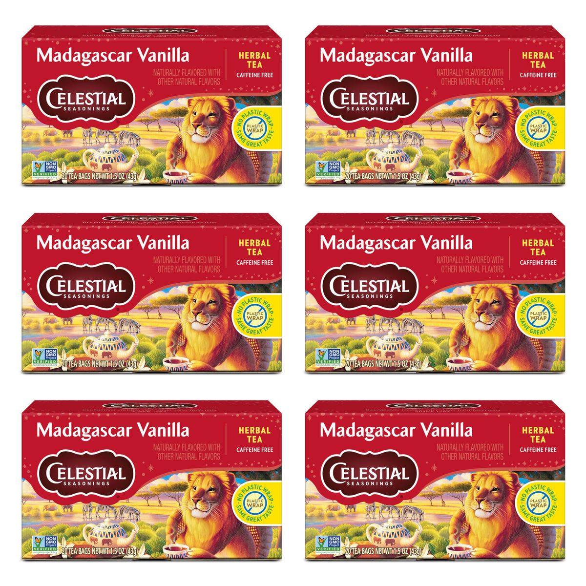 Celestial Seasonings Rooibos Madagascar Vanilla tea bags for a soothing, caffeine-free ritual.