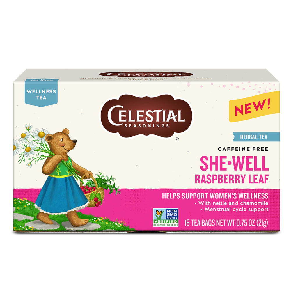 Celestial Seasonings SheWell Raspberry Leaf Tea bag — soothing ritual for daily relaxation