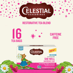 Celestial Seasonings SheWell Raspberry Leaf Tea cup steaming — comforting caffeine-free moment