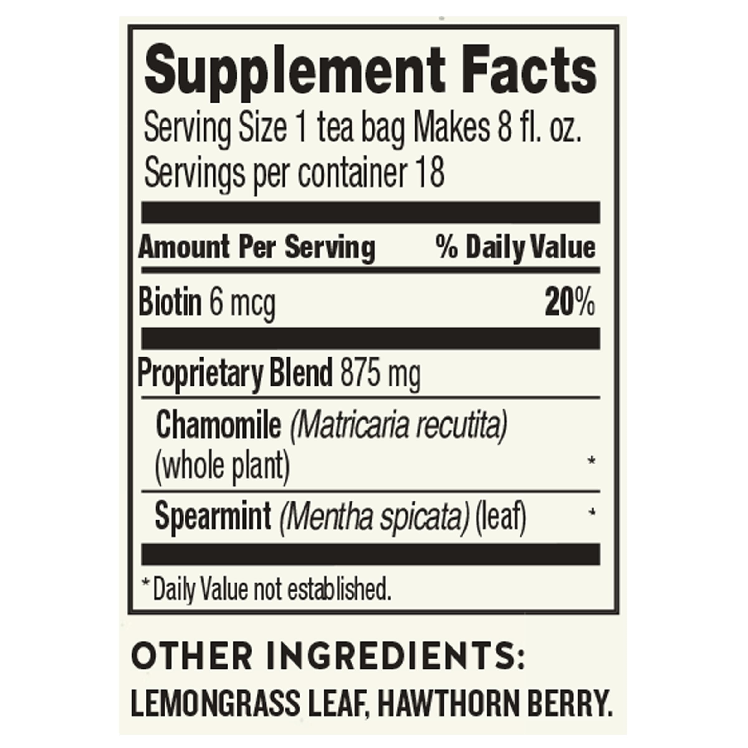 Closeup of Sleepytime Biotin Beauty Rest Tea bag highlighting blend and biotin