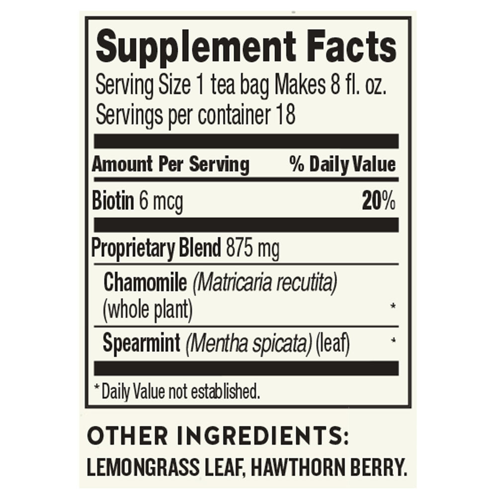 Closeup of Sleepytime Biotin Beauty Rest Tea bag highlighting blend and biotin
