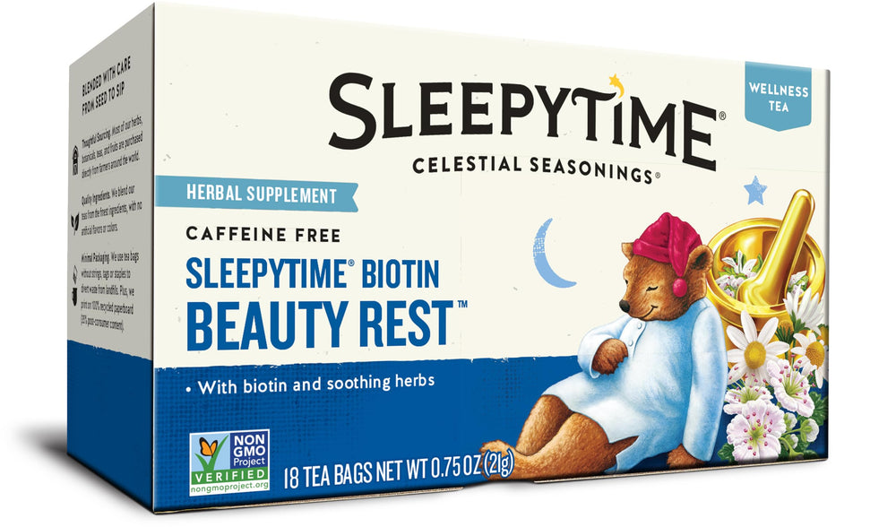 Brewing Sleepytime Biotin Beauty Rest Tea creating a cozy, calming moment