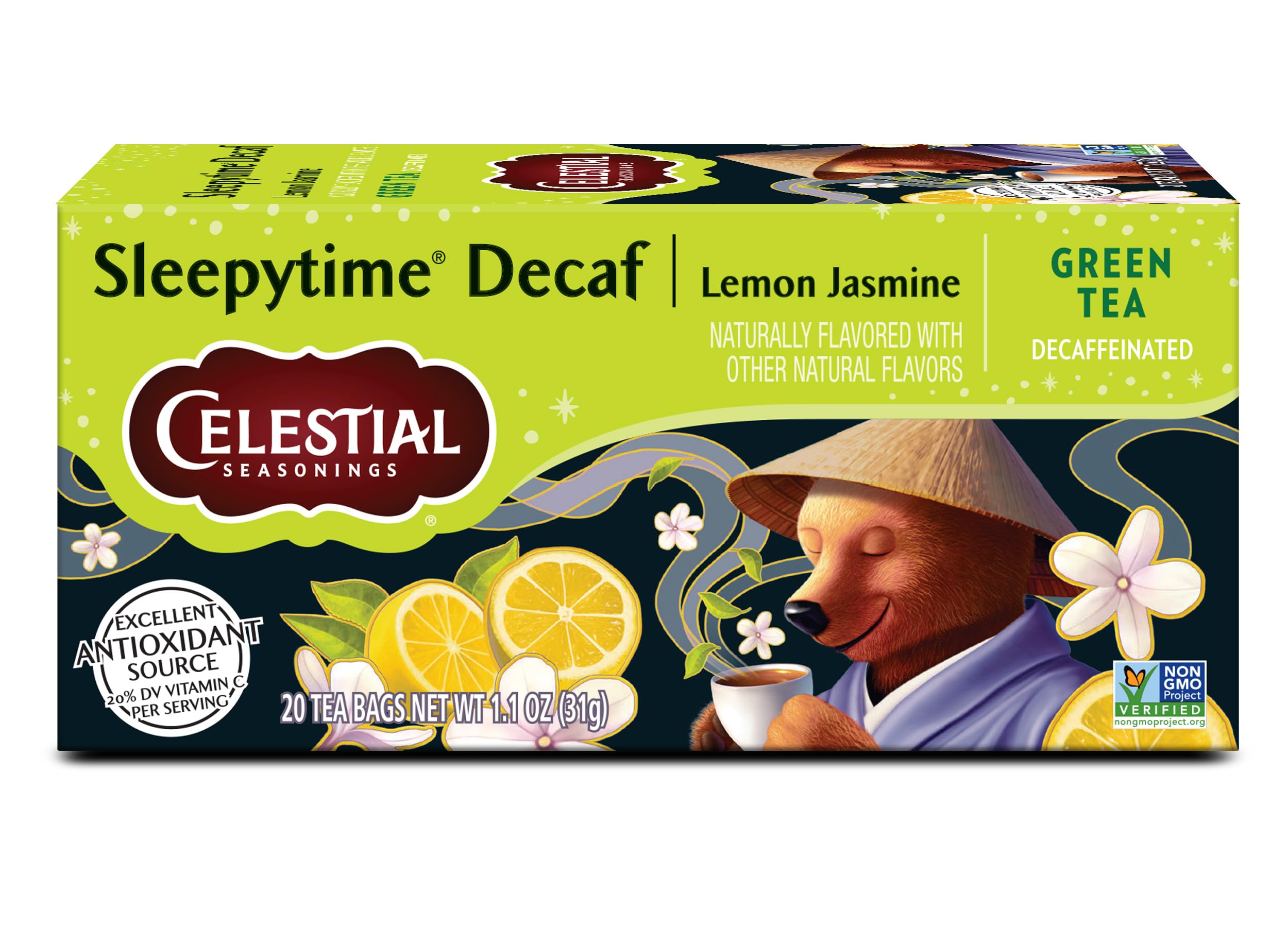 Celestial Seasonings Sleepytime decaf lemon jasmine green tea bags box on shelf, inviting a relaxing cup.
