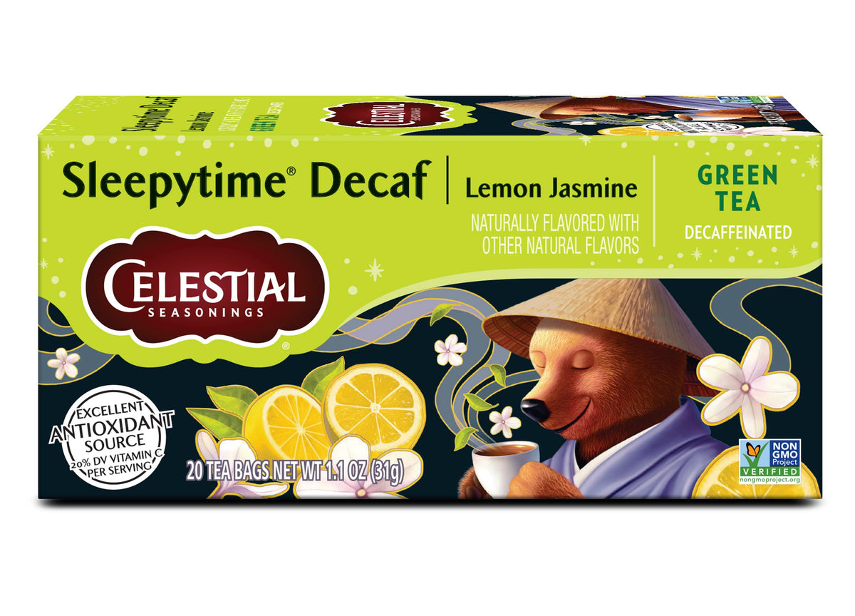 Celestial Seasonings Sleepytime decaf lemon jasmine green tea bags box on shelf, inviting a relaxing cup.