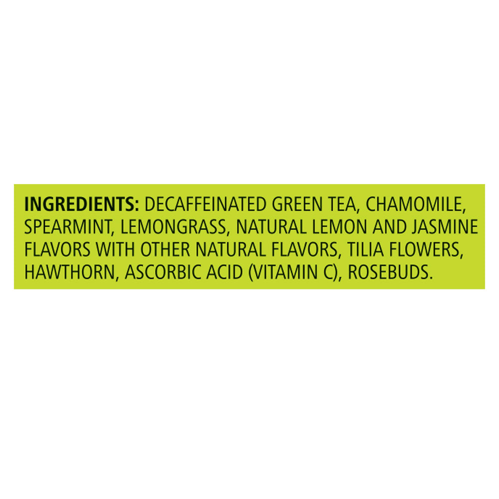 Cup with steaming pale green tea and lemon-jasmine aroma from Celestial Seasonings.