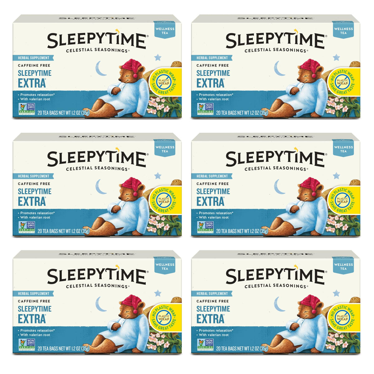 Celestial Seasonings Sleepytime Extra tea box front for a convenient six-pack nightly routine