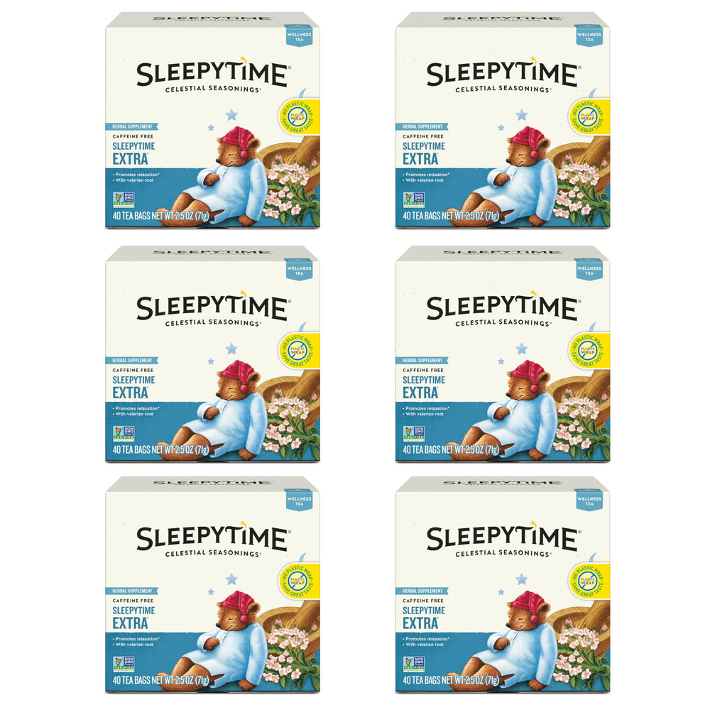 Celestial Seasonings Sleepytime Extra tea box front view promotes a calming bedtime routine.