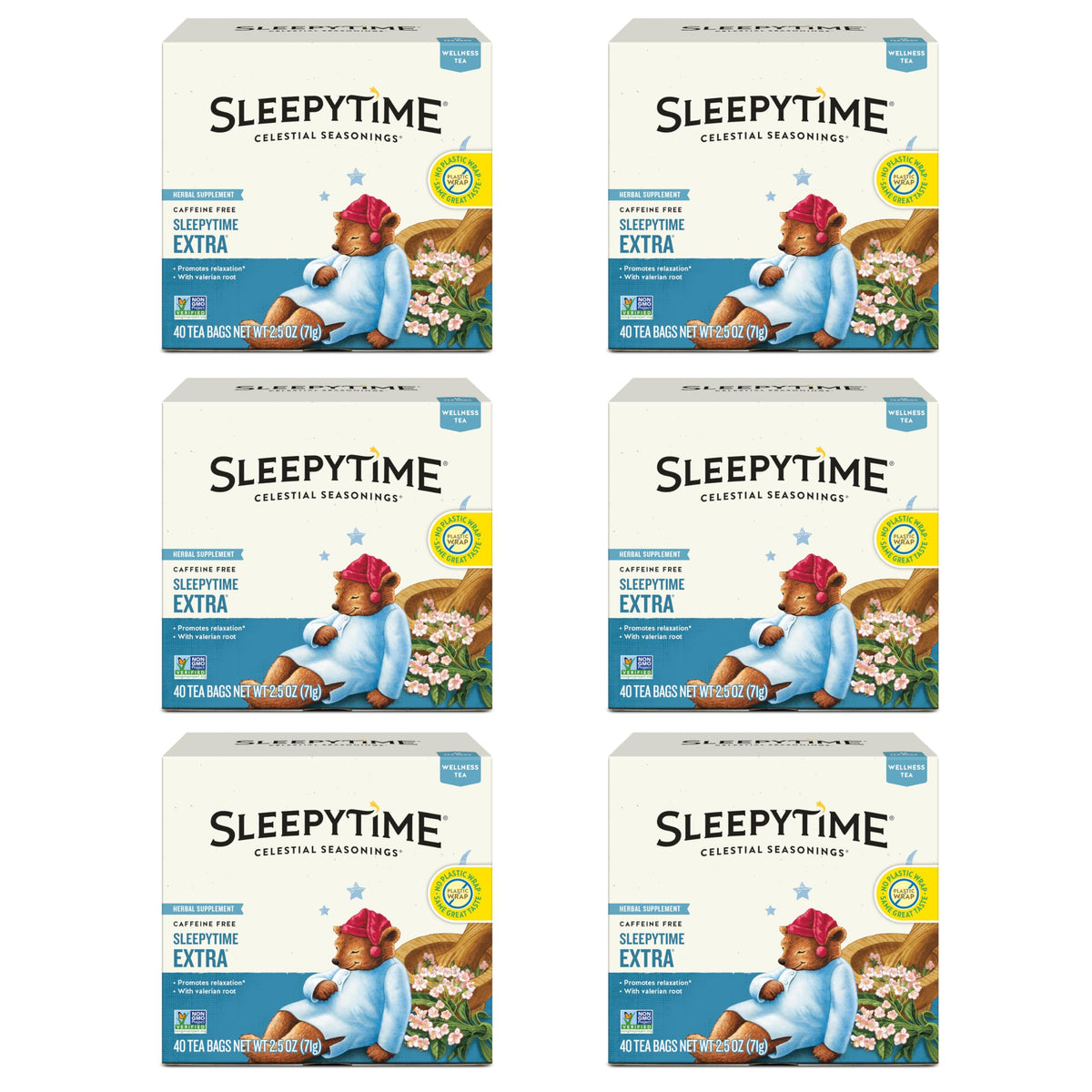 Celestial Seasonings Sleepytime Extra tea box front view promotes a calming bedtime routine.