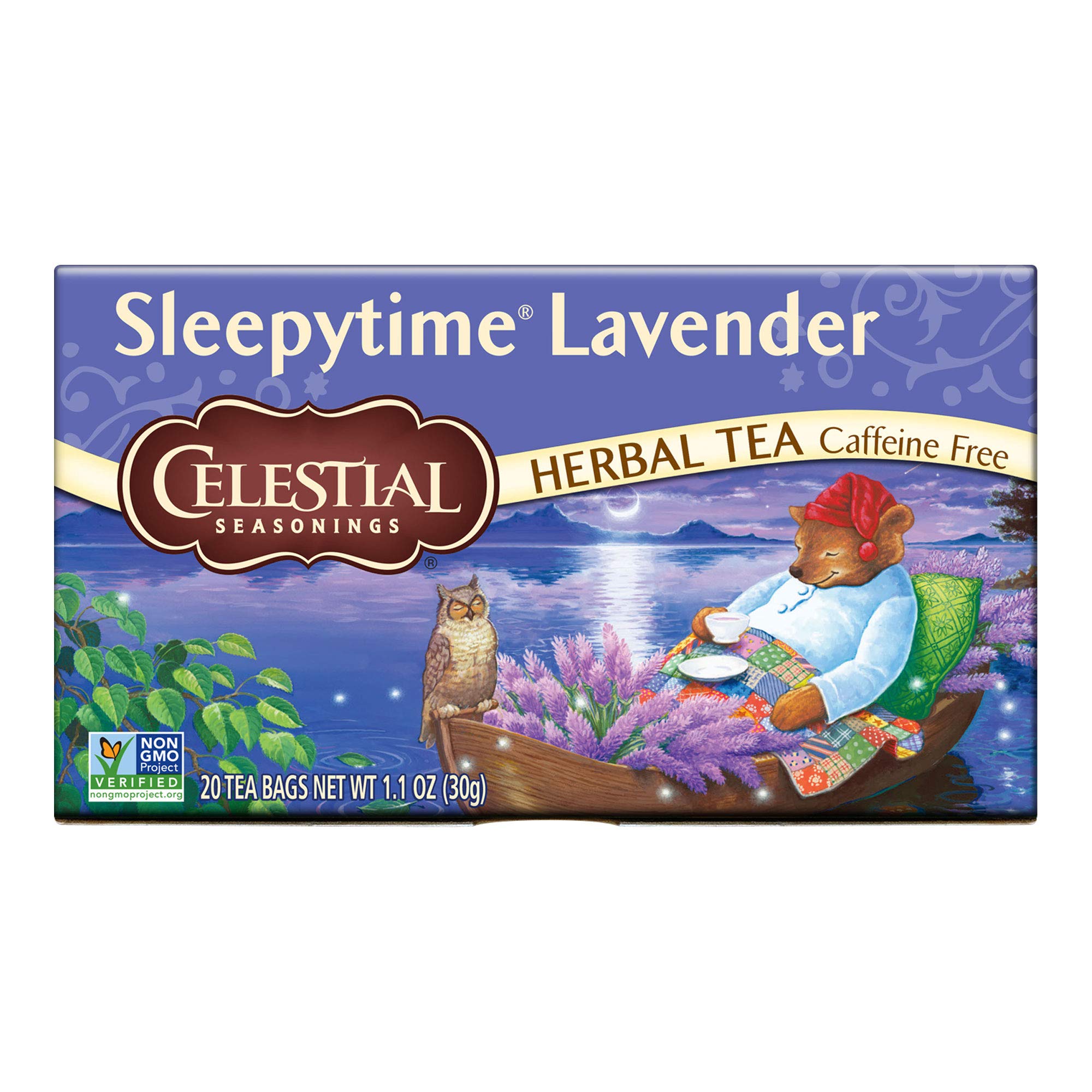 Celestial Seasonings Sleepytime Lavender tea bag in a cozy cup for relaxing evenings.