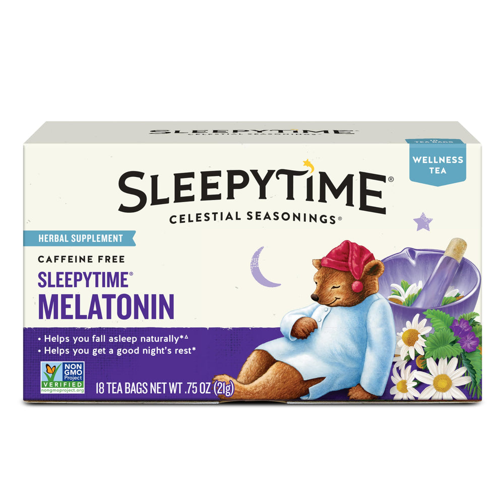 Celestial Seasonings Sleepytime Melatonin tea bag ready for a calming bedtime ritual.