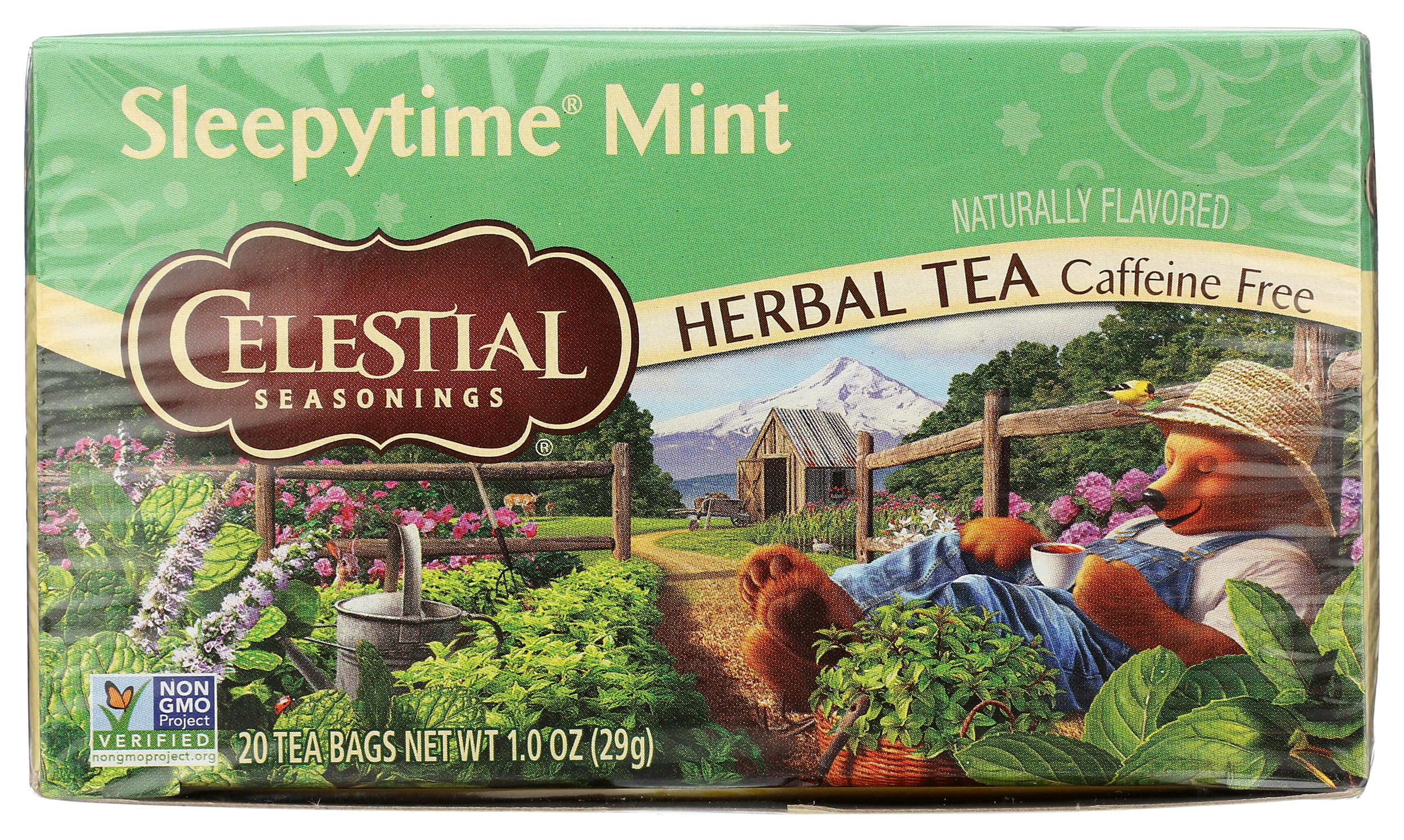 Celestial Seasonings Sleepytime Mint tea packaging signals a calming evening ritual.