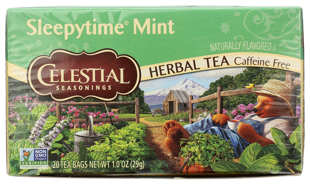 Celestial Seasonings Sleepytime Mint tea packaging signals a calming evening ritual.