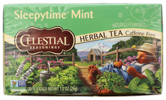 Celestial Seasonings Sleepytime Mint tea packaging signals a calming evening ritual.