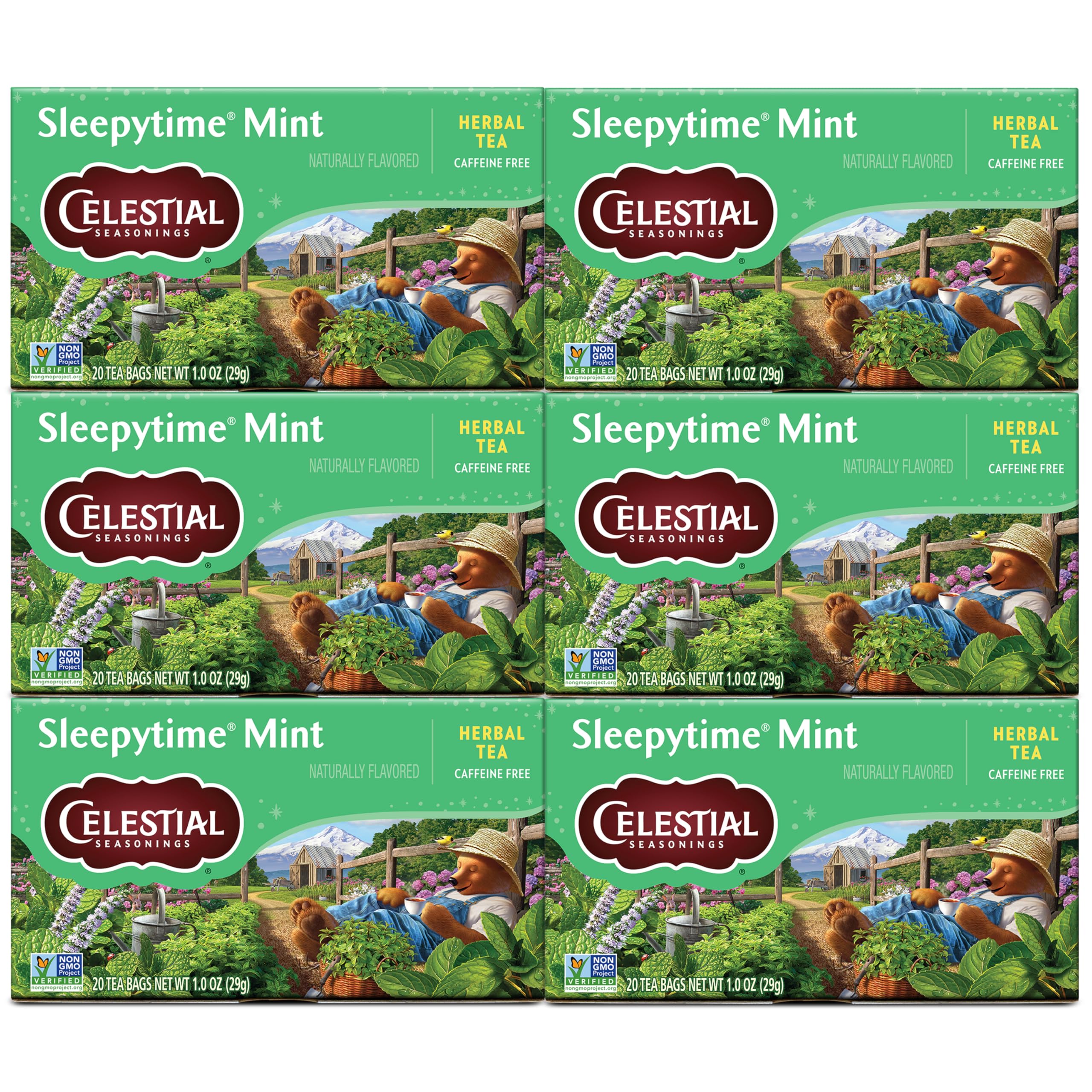 Celestial Seasonings Sleepytime Mint tea bags with calming chamomile and peppermint.