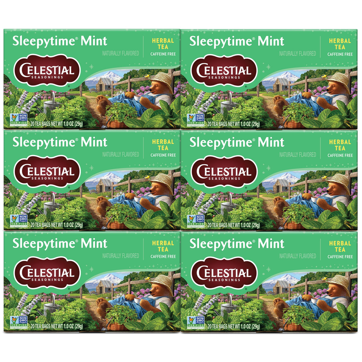 Celestial Seasonings Sleepytime Mint tea bags with calming chamomile and peppermint.