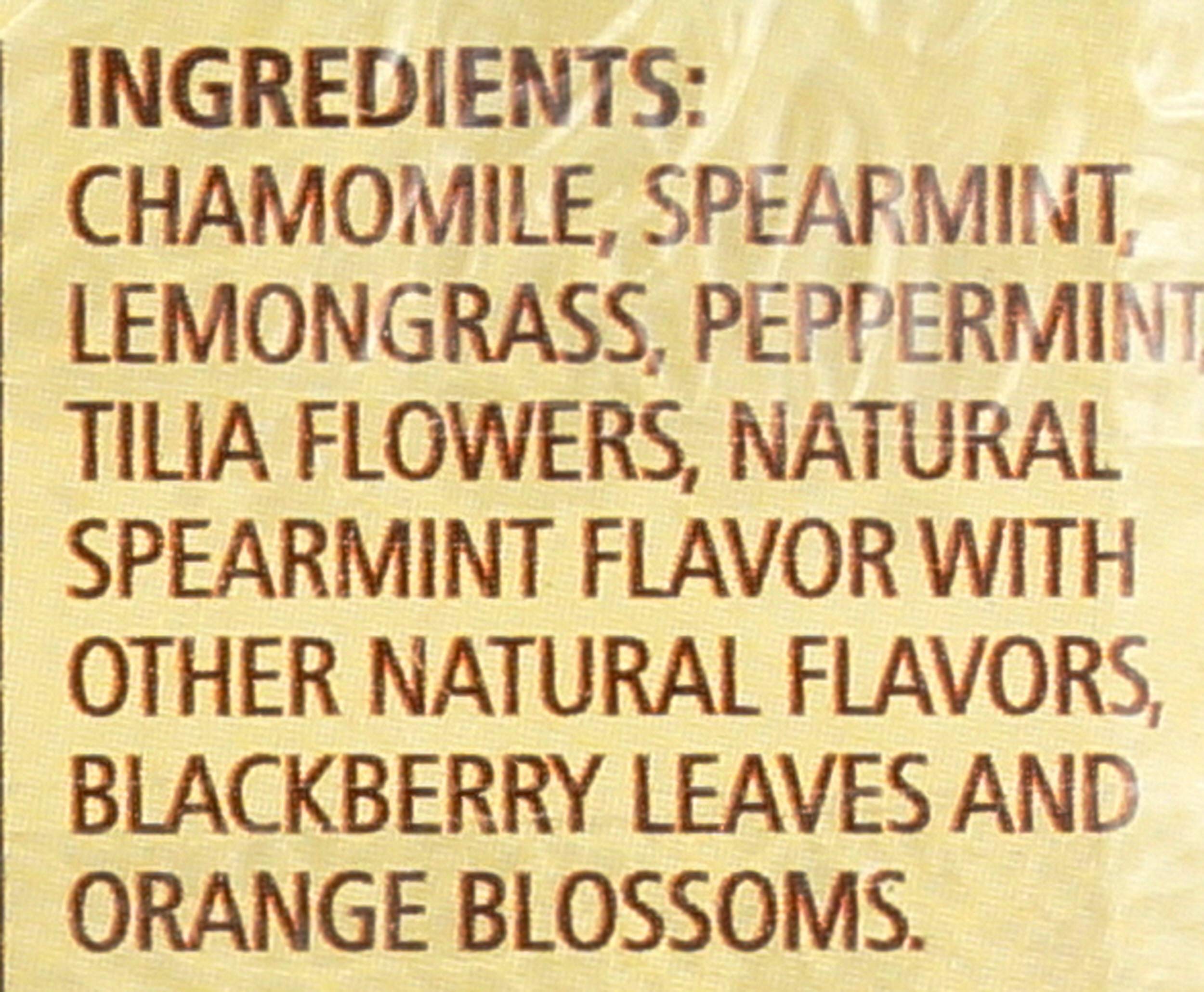 Close-up of Sleepytime Mint sachet showing peppermint leaves and chamomile.