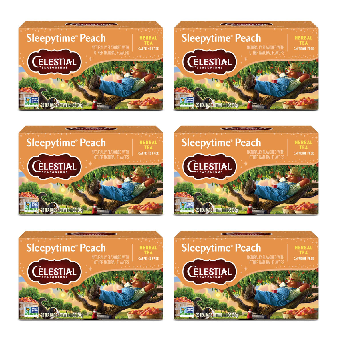 Celestial Seasonings Sleepytime Peach tea box front highlighting peach flavor