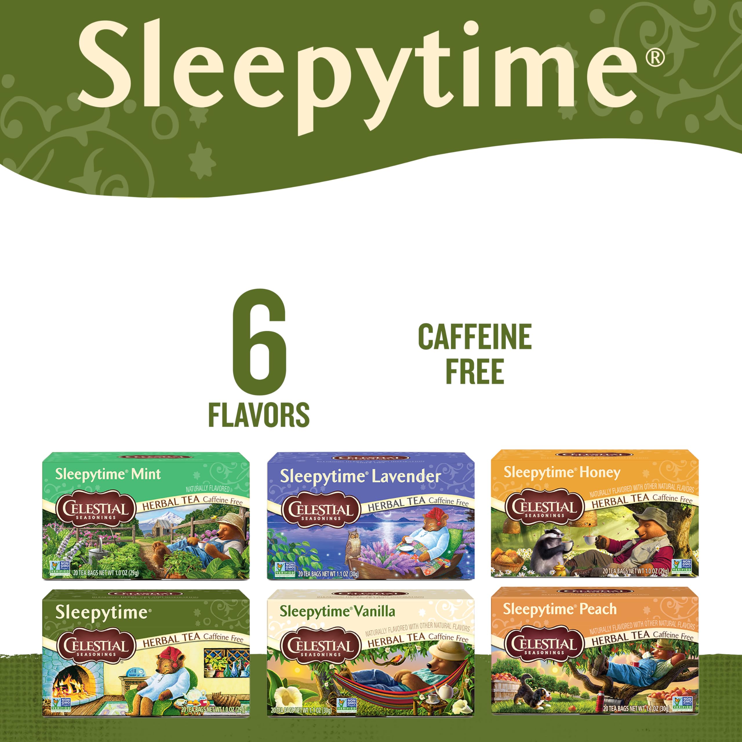 Sleepytime tea bags steeping to release mint and chamomile notes for calm