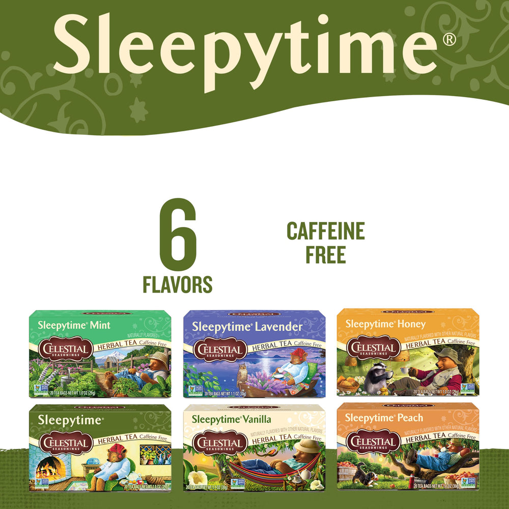 Sleepytime tea bags steeping to release mint and chamomile notes for calm