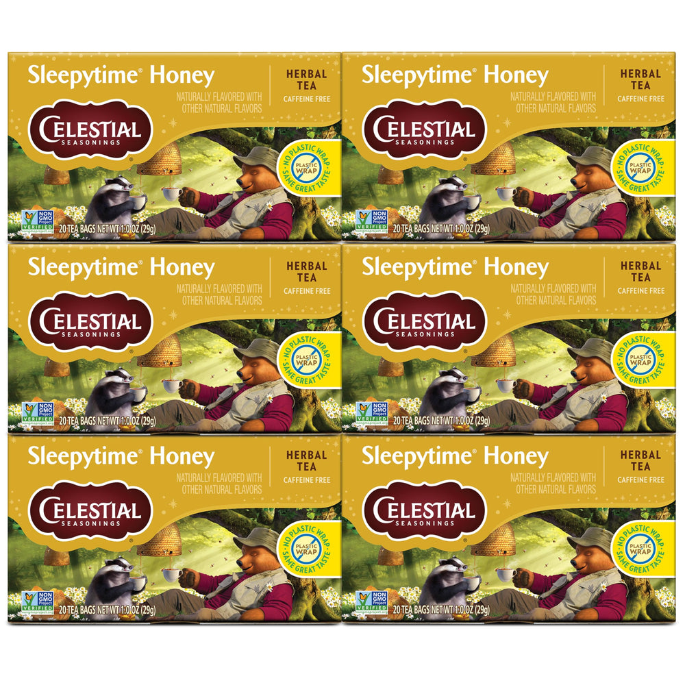 Sleepytime tea box-front by Celestial Seasonings, six-pack convenience for evenings