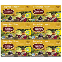 Sleepytime tea box-front by Celestial Seasonings, six-pack convenience for evenings