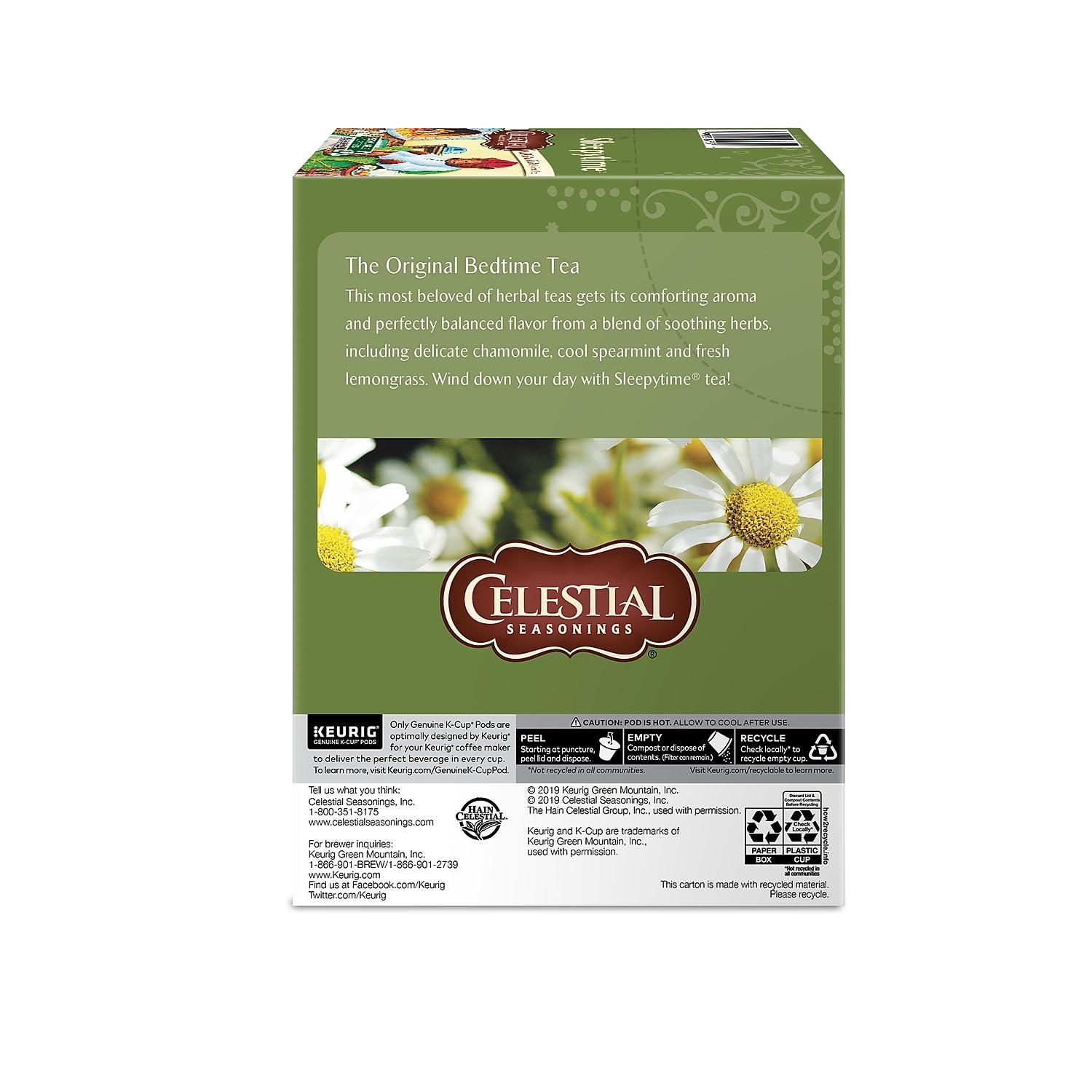Celestial Seasonings Sleepytime K-Cups box label highlighting kosher and caffeine-free features