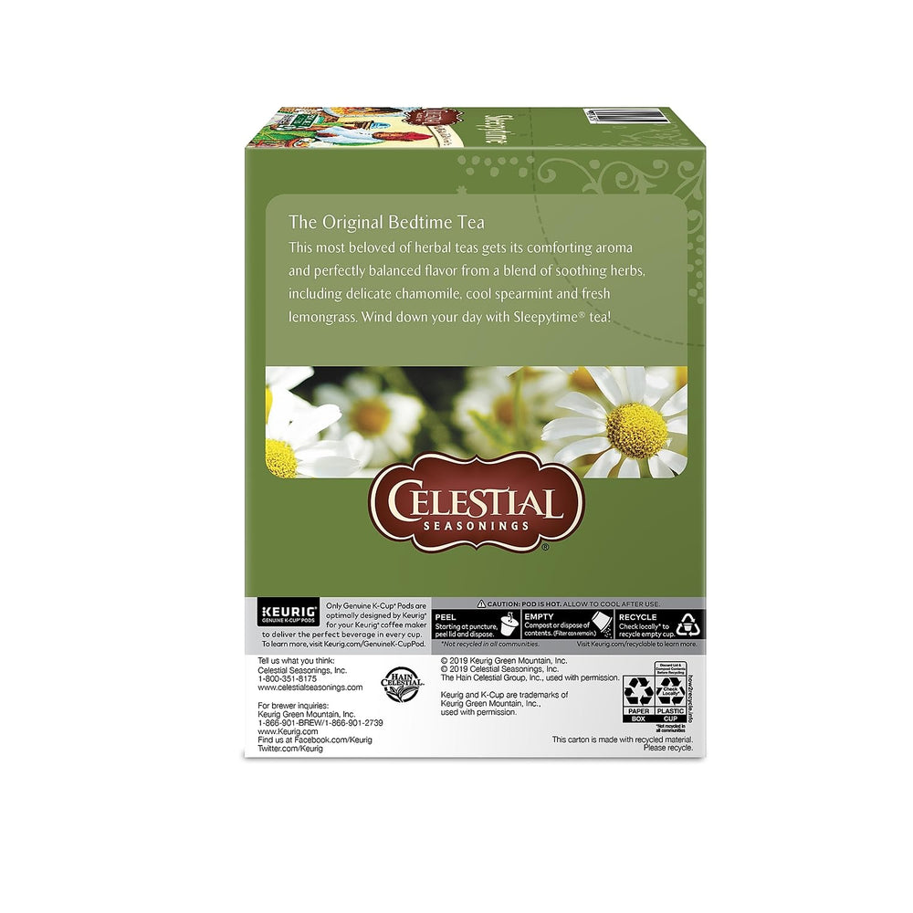 Celestial Seasonings Sleepytime K-Cups box label highlighting kosher and caffeine-free features