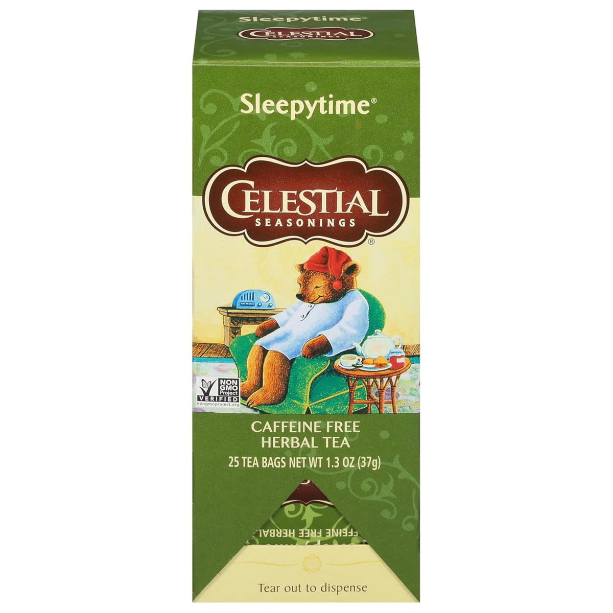 Celestial Seasonings Sleepytime tea box showing calming herbal blend for evening relaxation