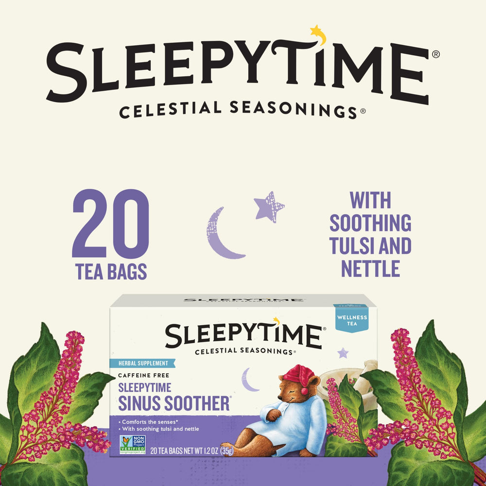 Celestial Seasonings Sleepytime Tea chamomile flowers close-up suggests gentle relaxation