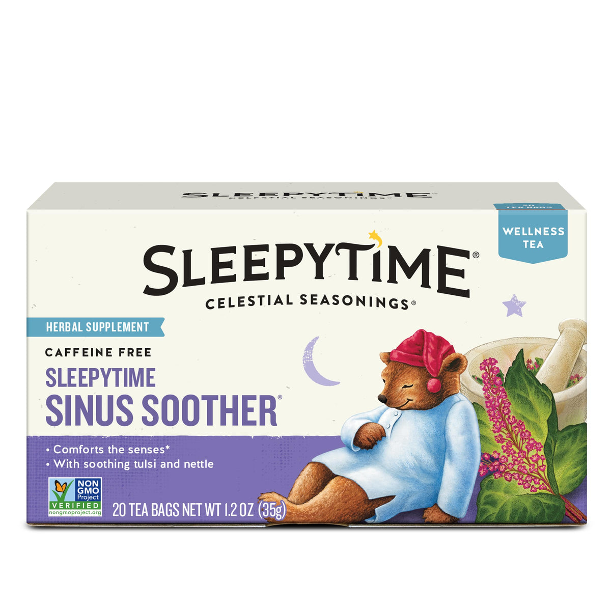 Celestial Seasonings Sleepytime Tea front box evokes a calming bedtime ritual