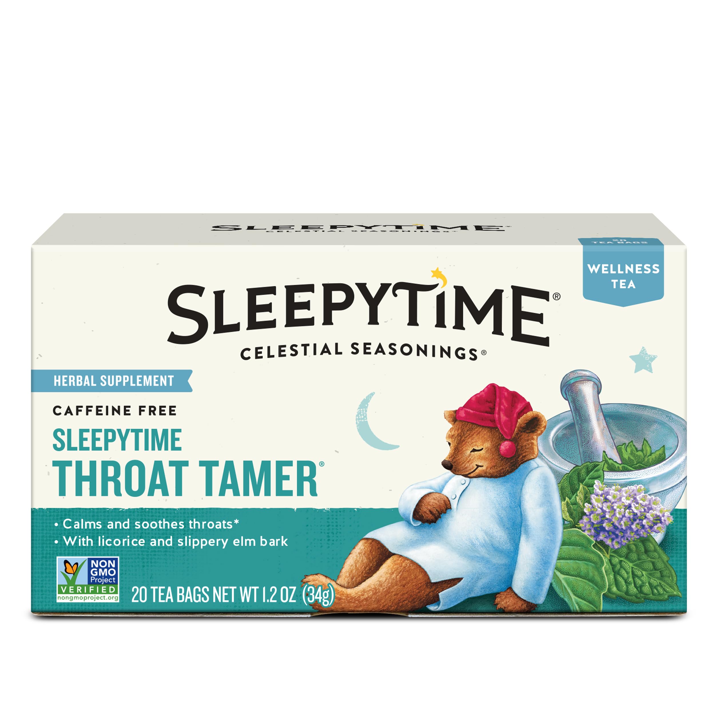 Celestial Seasonings Sleepytime Throat Tamer tea box for soothing throat comfort.