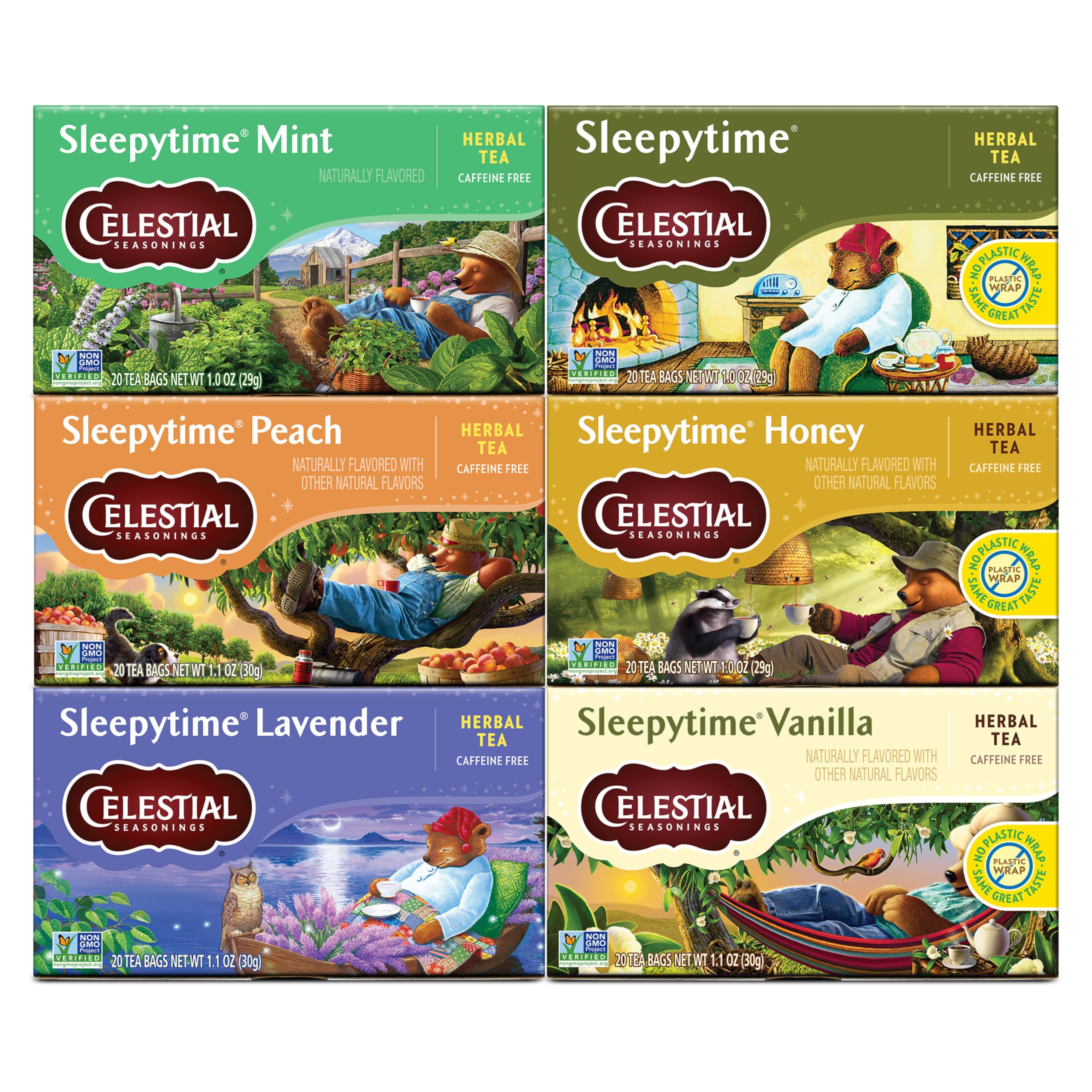 Celestial Seasonings Sleepytime variety-pack box for a caffeine-free bedtime routine
