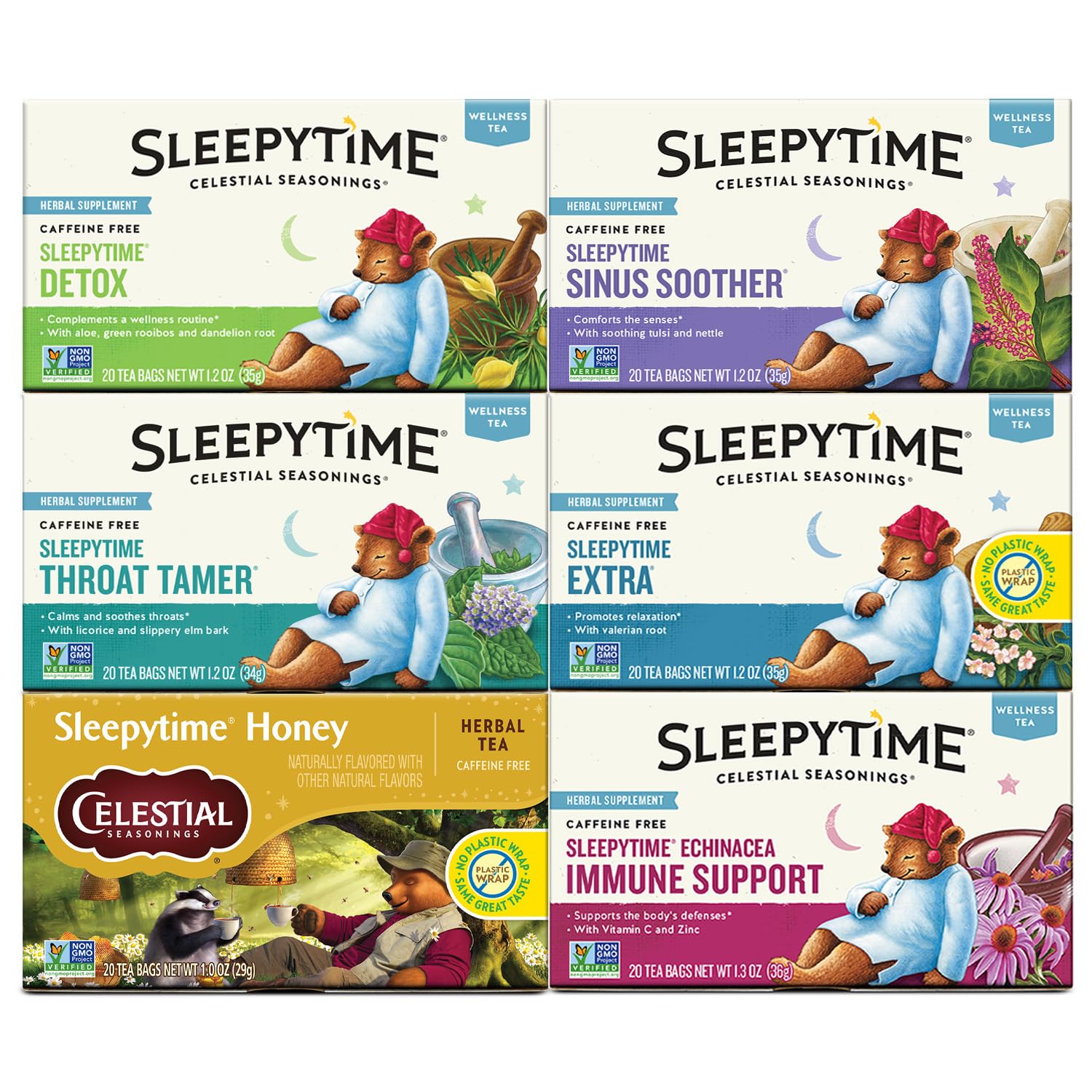 Celestial Seasonings Sleepytime Variety Pack tea bags for a relaxing evening ritual.