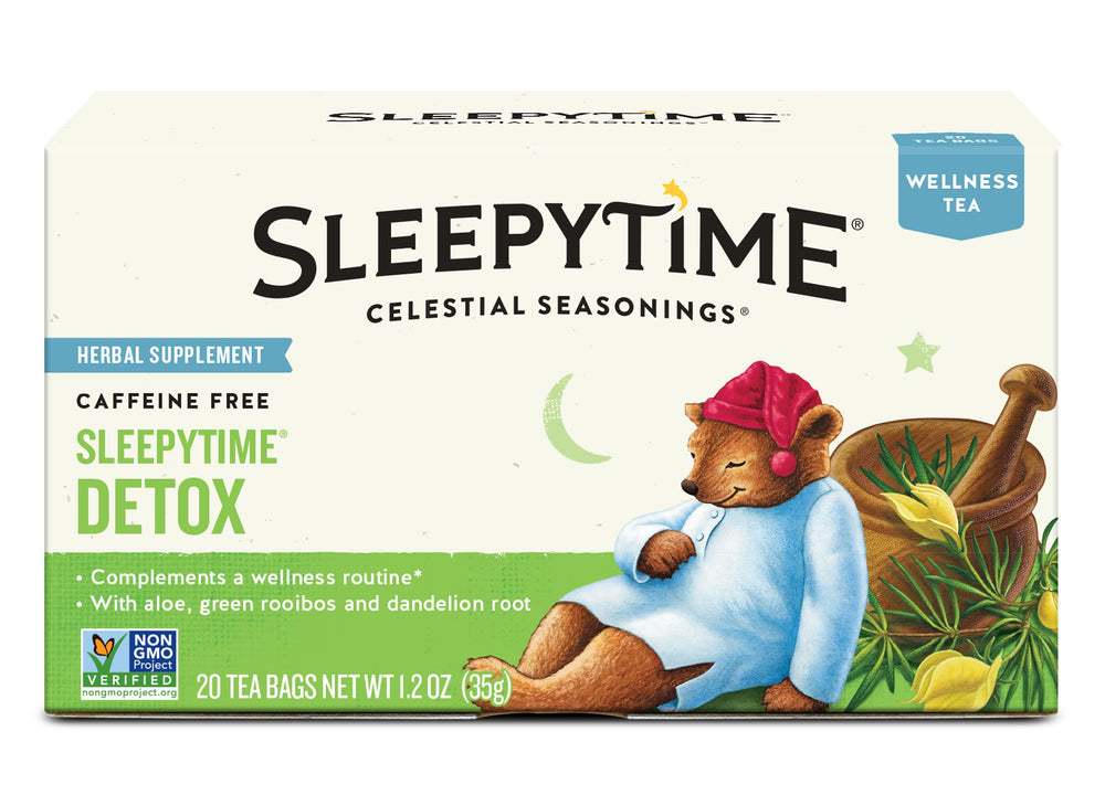 Celestial Seasonings Sleepytime Wellness Detox Tea box for a calming evening ritual.