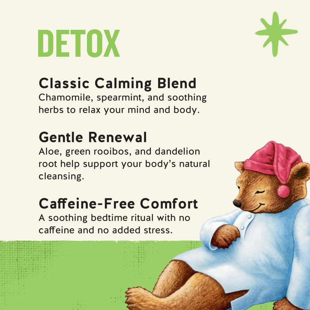 Celestial Seasonings Sleepytime Wellness Detox Tea label close-up highlighting natural ingredients.