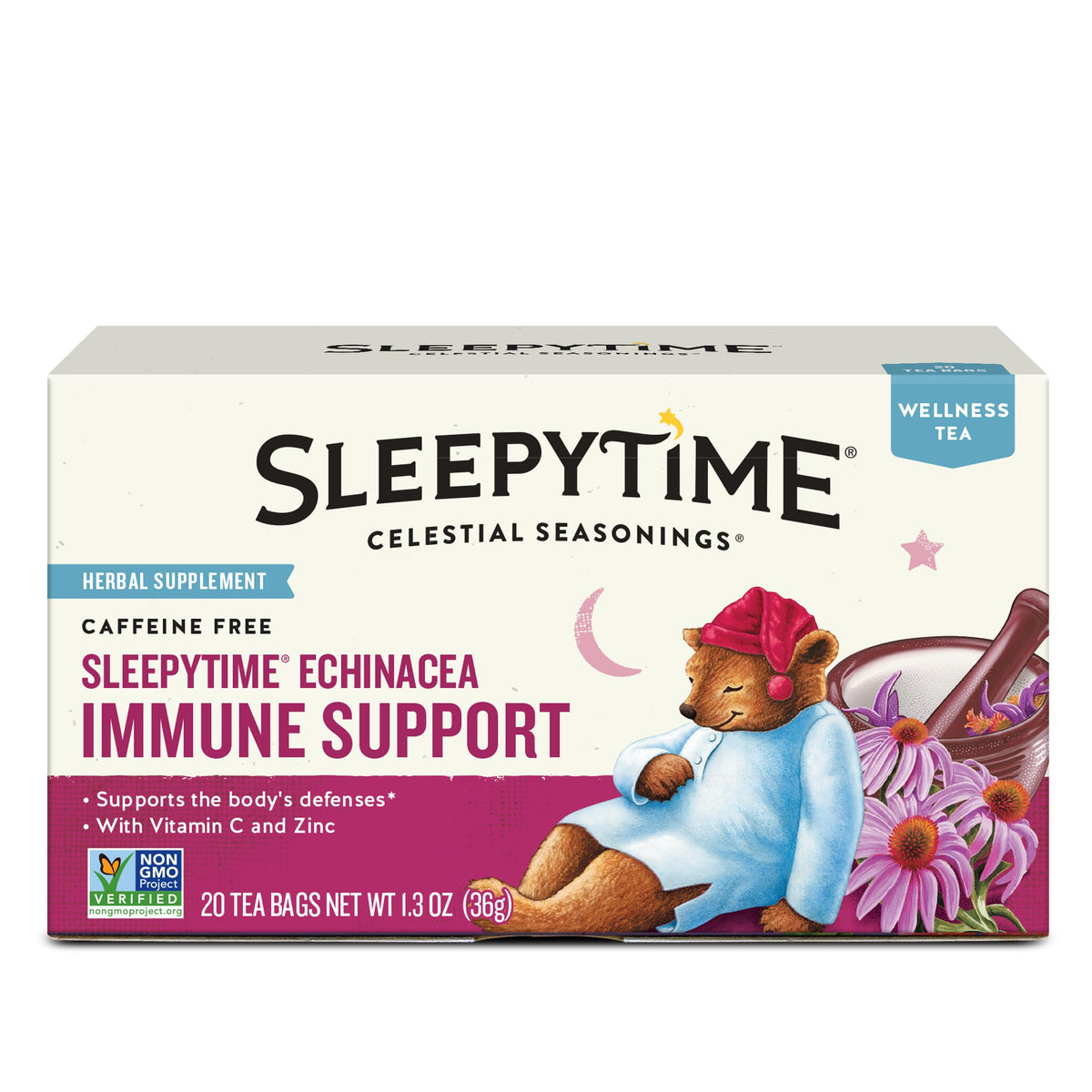 Celestial Seasonings Sleepytime Wellness box front shows caffeine-free comfort for evenings