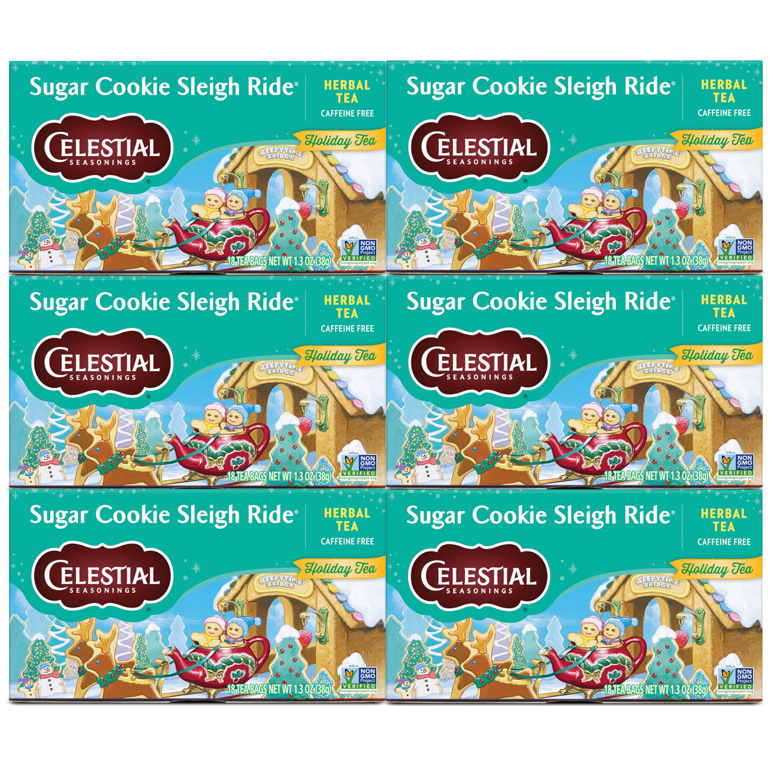 Celestial Seasonings Sugar Cookie Sleigh Ride box front showcasing festive herbal tea.