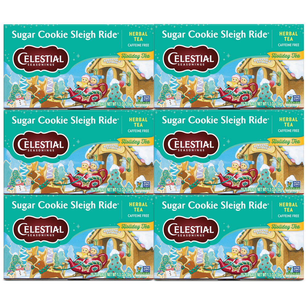Celestial Seasonings Sugar Cookie Sleigh Ride box front showcasing festive herbal tea.