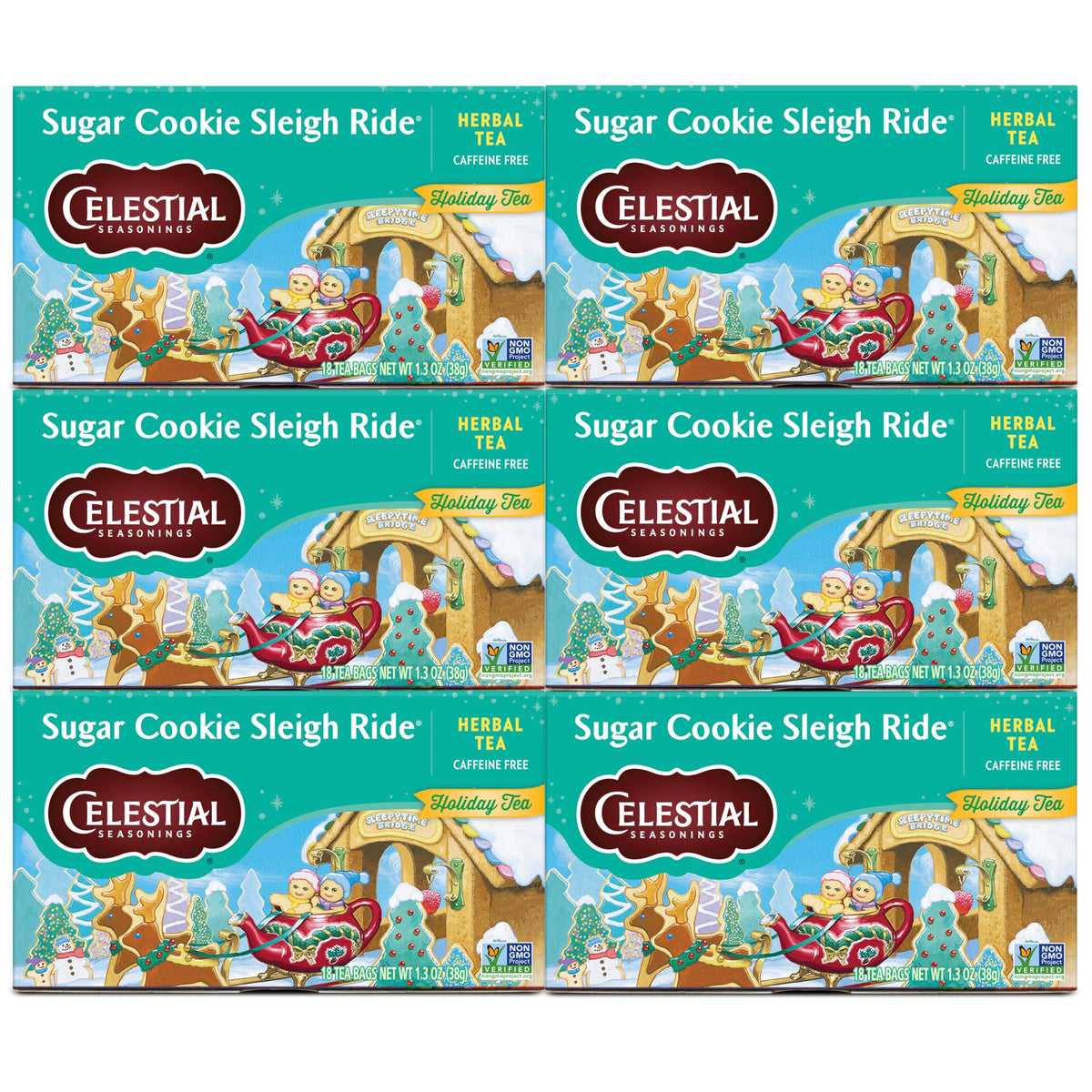 Celestial Seasonings Sugar Cookie Sleigh Ride box front showcasing festive herbal tea.