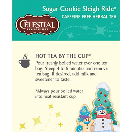 Closeup of Celestial Seasonings Sugar Cookie Sleigh Ride recycled box for sustainability.