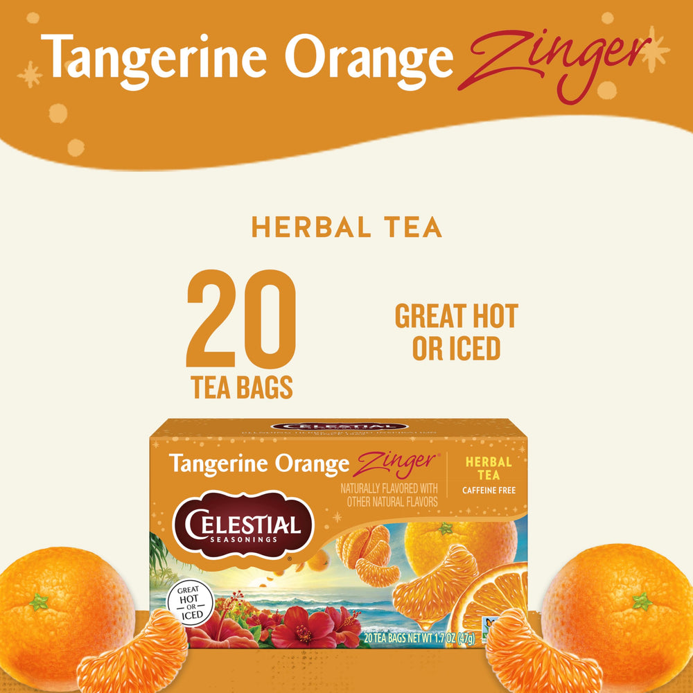 Close-up of Tangerine Orange Zinger tea bags releasing citrus aroma